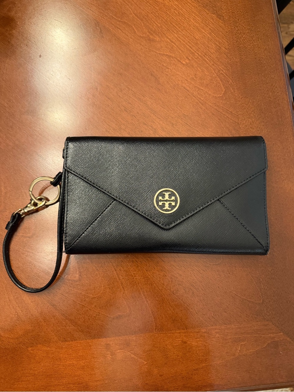 Tory Burch Black Leather Envelope Wristlet with Gold Logo